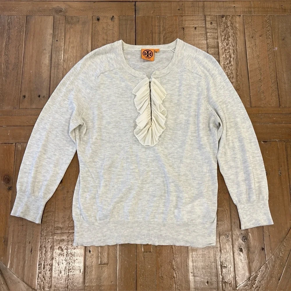 Tory Burch Lightweight Sweater Womens Medium Ruffled Front Cotton Gray Preppy